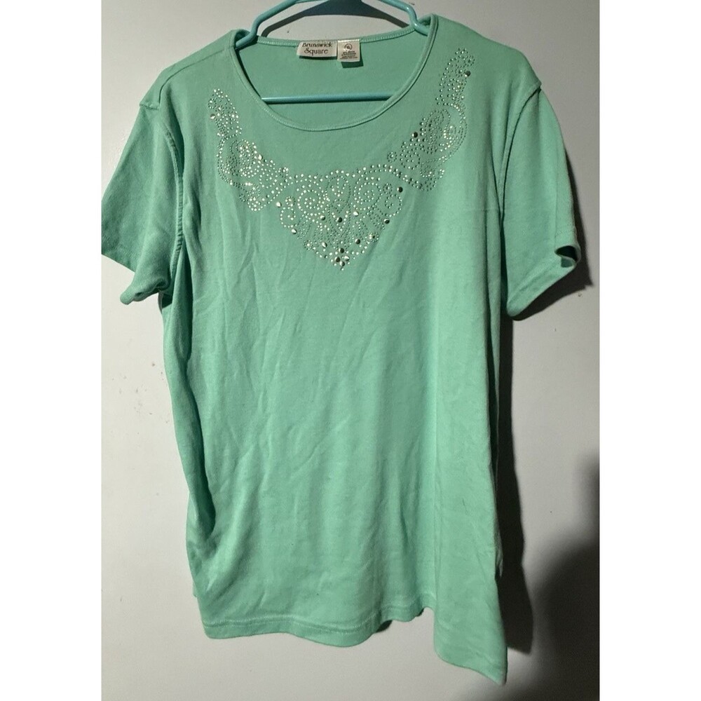 Brunswick Square Women's XL Mint Green Rhinestone Embellished T-Shirt EUC